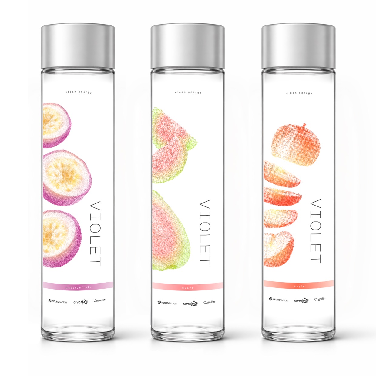 Three Violet bottles: passionfruit, guava, apple